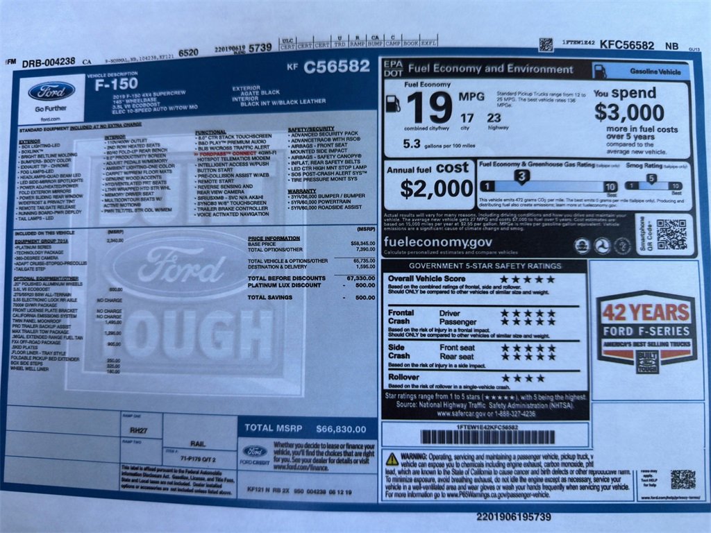 Used 2019 Ford F-150 Platinum with VIN 1FTEW1E42KFC56582 for sale in Kansas City