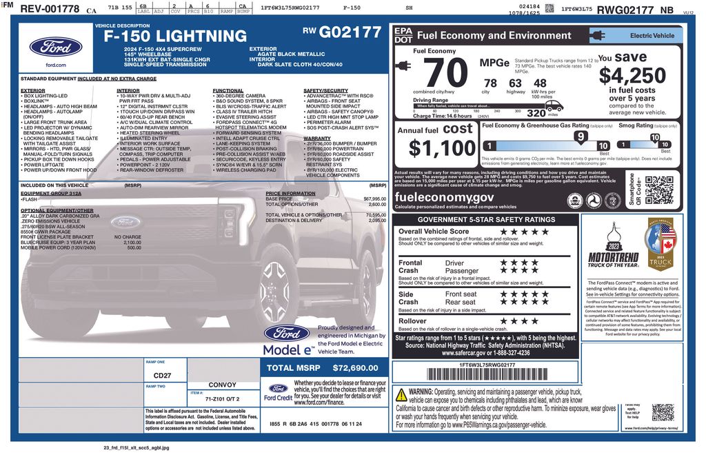 Used 2024 Ford F-150 Lightning Flash with VIN 1FT6W3L75RWG02177 for sale in Redlands, CA