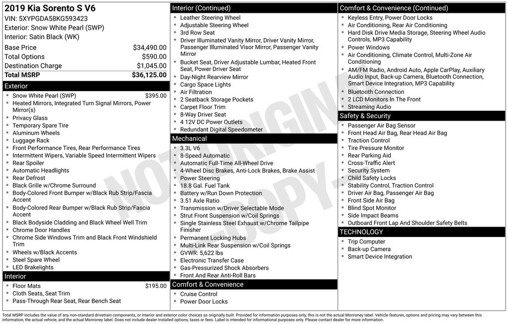 Used 2019 Kia Sorento S with VIN 5XYPGDA58KG593423 for sale in Canonsburg, PA