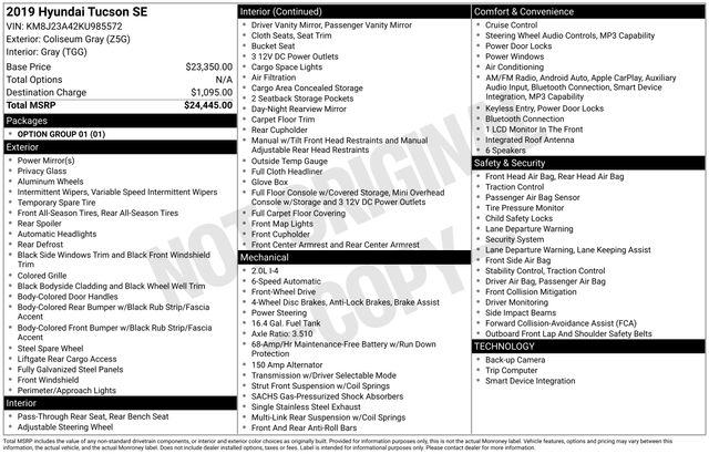 Used 2019 Hyundai Tucson SE with VIN KM8J23A42KU985572 for sale in Whitehall, OH