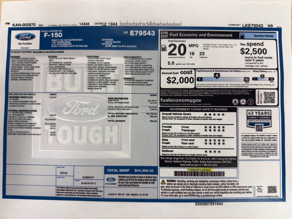 Used 2020 Ford F-150 XL with VIN 1FTEW1EP7LKE79543 for sale in Kansas City