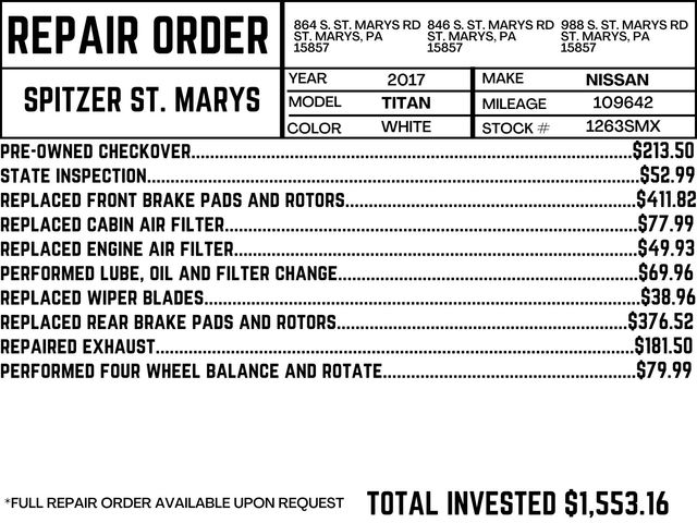 Used 2017 Nissan Titan SV with VIN 1N6AA1EJ4HN569907 for sale in Saint Marys, PA