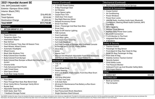 Used 2021 Hyundai Accent SE with VIN 3KPC24A63ME142891 for sale in Whitehall, OH