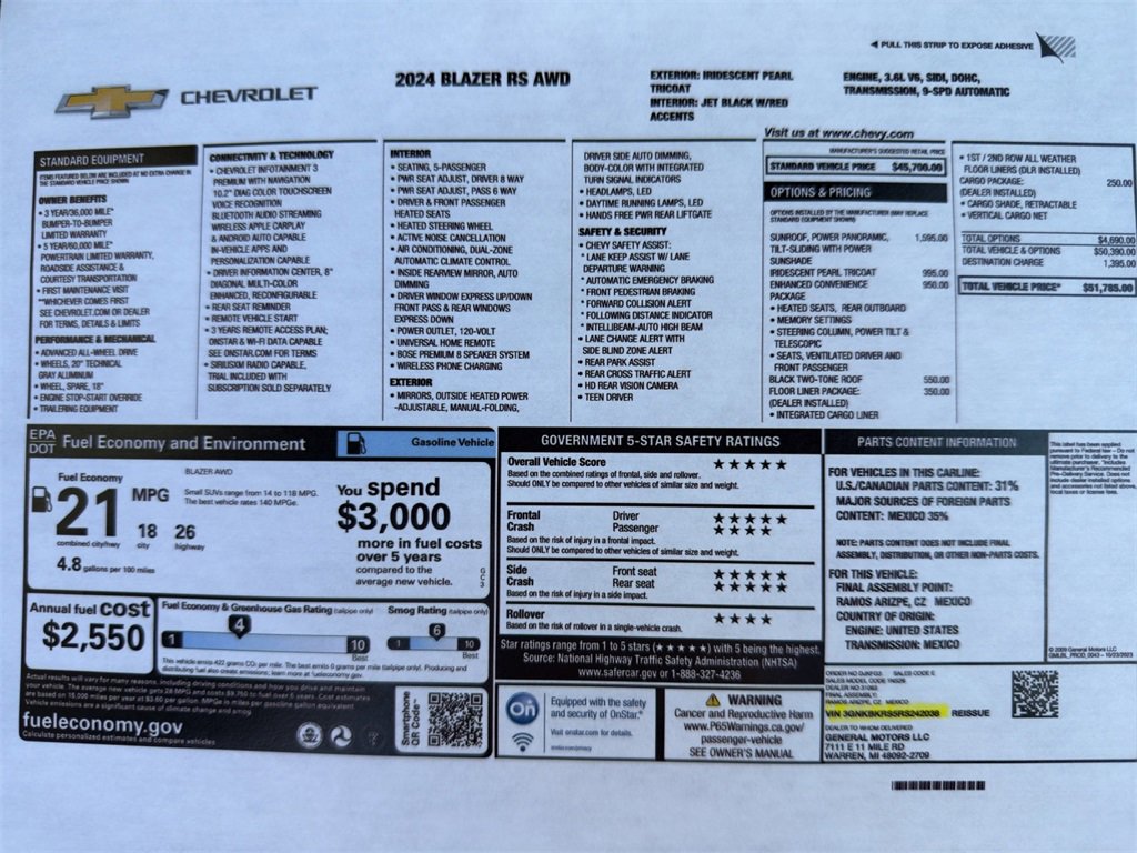 Used 2024 Chevrolet Blazer RS with VIN 3GNKBKRS5RS242038 for sale in Kansas City