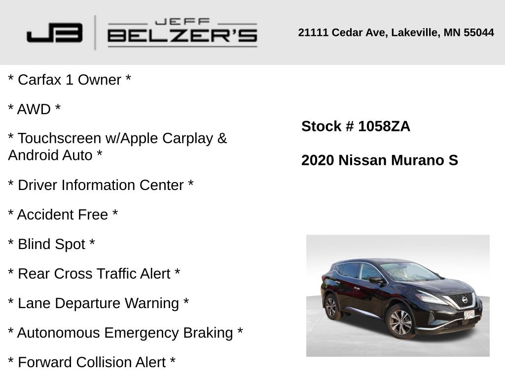 Used 2020 Nissan Murano S with VIN 5N1AZ2AS3LN149978 for sale in Lakeville, MN