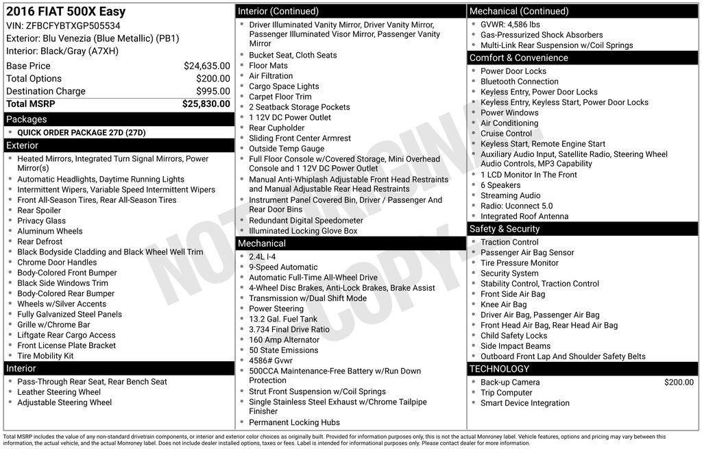 Used 2016 FIAT 500X Easy with VIN ZFBCFYBTXGP505534 for sale in Canonsburg, PA