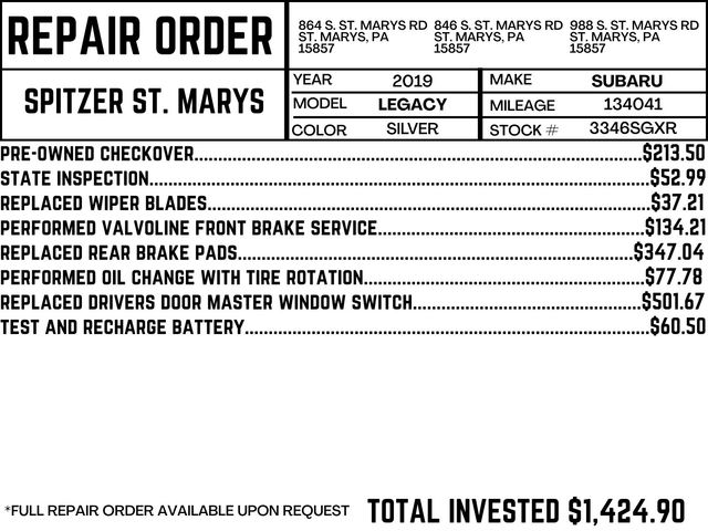 Used 2019 Subaru Legacy Premium with VIN 4S3BNAF64K3039638 for sale in Saint Marys, PA