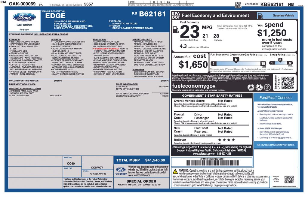 Used 2019 Ford Edge Titanium with VIN 2FMPK4K98KBB62161 for sale in Glen Mills, PA