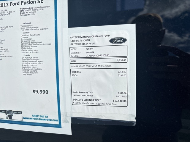 Used 2013 Ford Fusion SE with VIN 3FA6P0HR0DR320990 for sale in Greenwood, IN