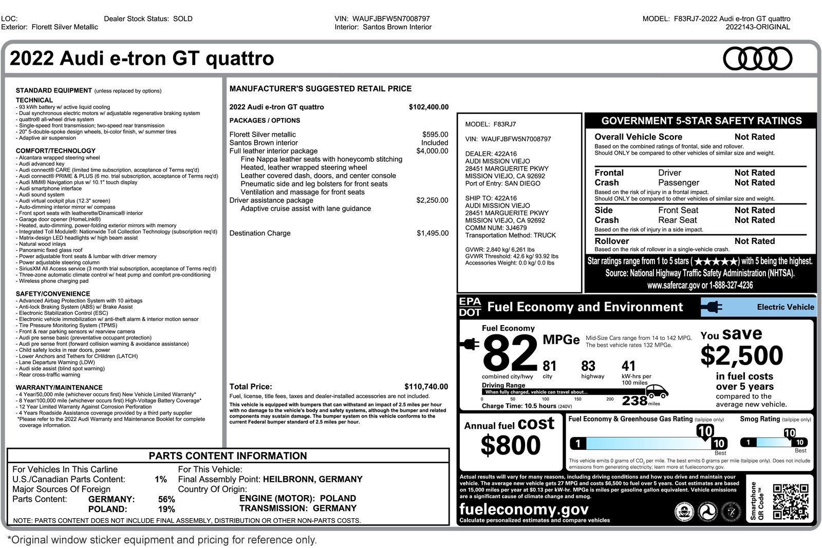 Used 2022 Audi e-tron GT Premium Plus with VIN WAUFJBFW5N7008797 for sale in Costa Mesa, CA