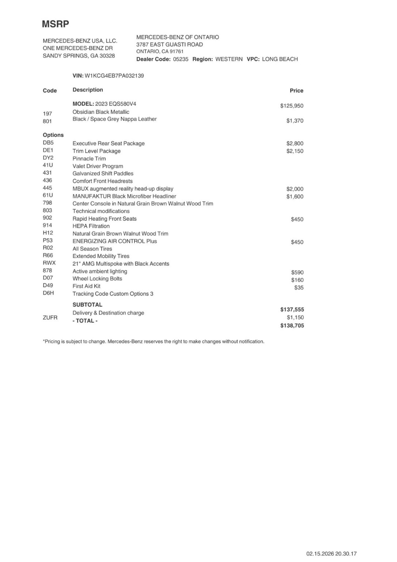 Certified 2023 Mercedes-Benz EQS Base with VIN W1KCG4EB7PA032139 for sale in Ontario, CA