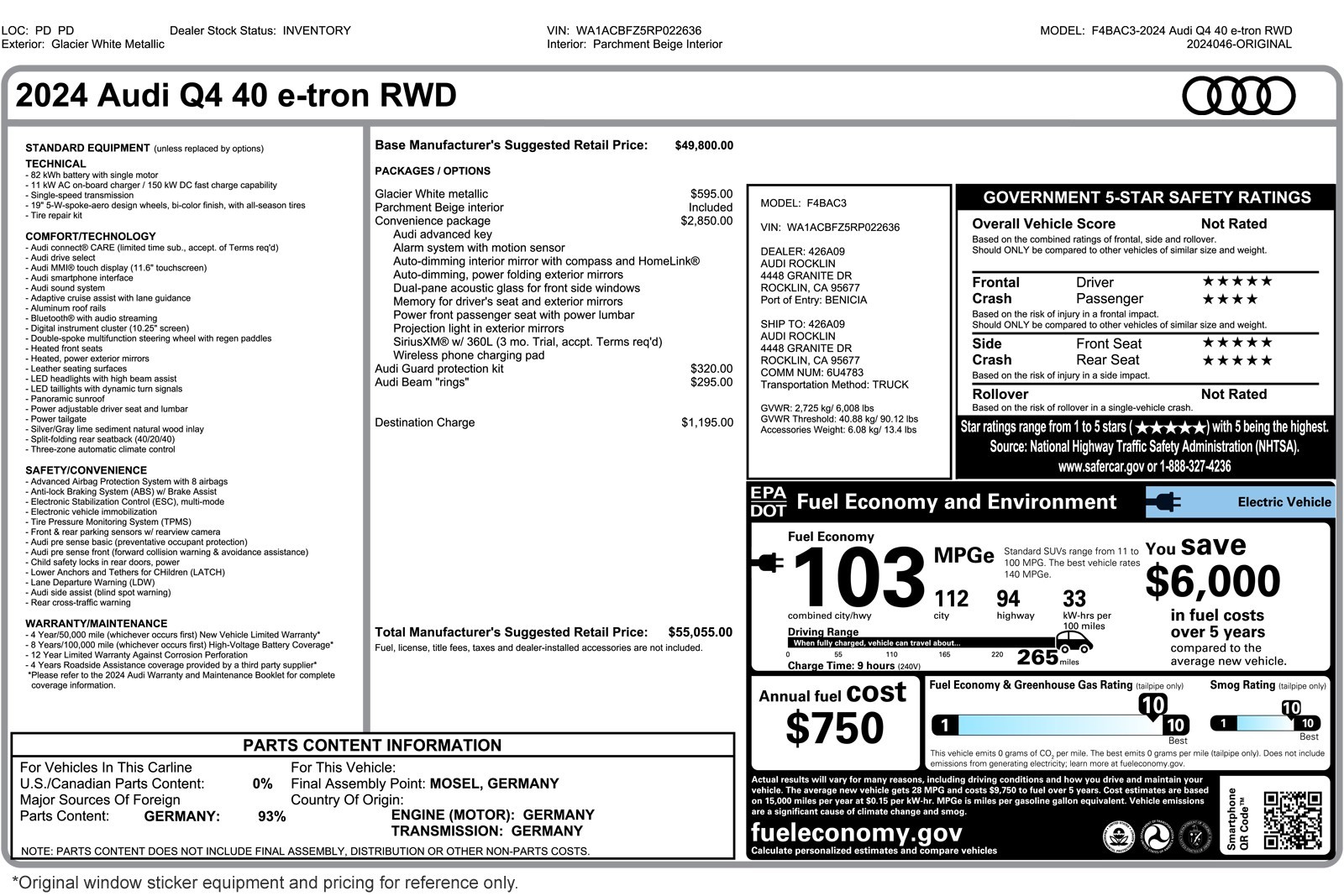 Used 2024 Audi Q4 e-tron Premium with VIN WA1ACBFZ5RP022636 for sale in Costa Mesa, CA