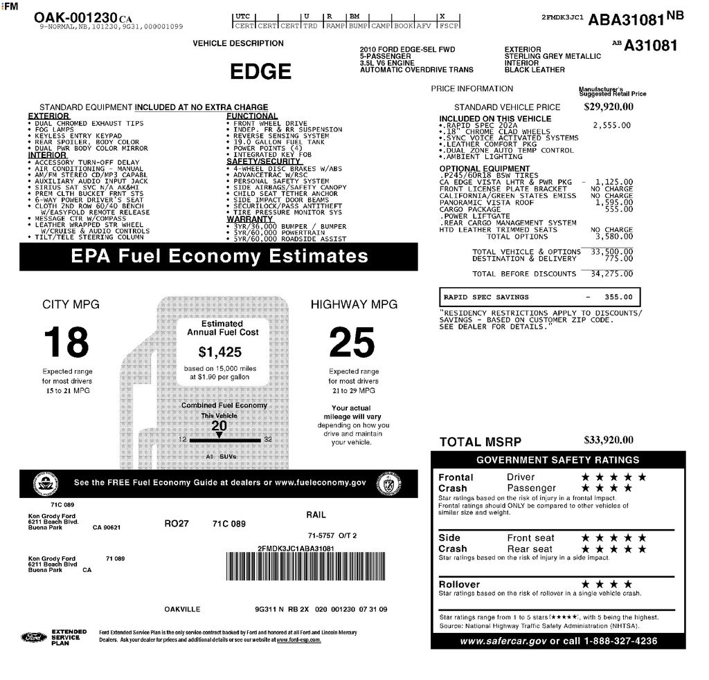 Used 2010 Ford Edge SEL with VIN 2FMDK3JC1ABA31081 for sale in Buena Park, CA