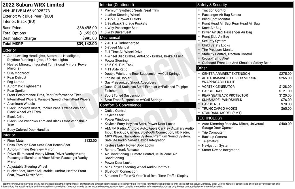 Used 2022 Subaru WRX Limited with VIN JF1VBAL66N9025273 for sale in Elk River, Minnesota