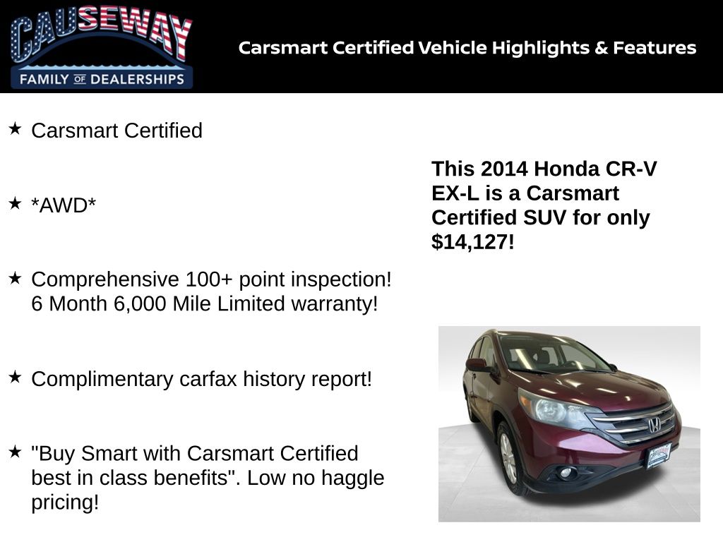 Certified 2014 Honda CR-V EX-L with VIN 5J6RM4H74EL109808 for sale in Stafford Township, NJ
