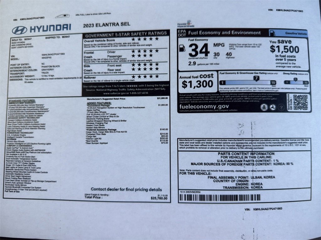 Used 2023 Hyundai Elantra SEL with VIN KMHLS4AG7PU471863 for sale in Kansas City