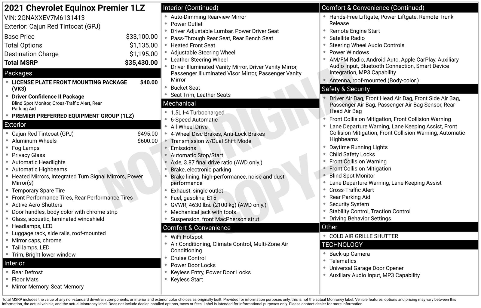 Used 2021 Chevrolet Equinox Premier with VIN 2GNAXXEV7M6131413 for sale in Brainerd, Minnesota