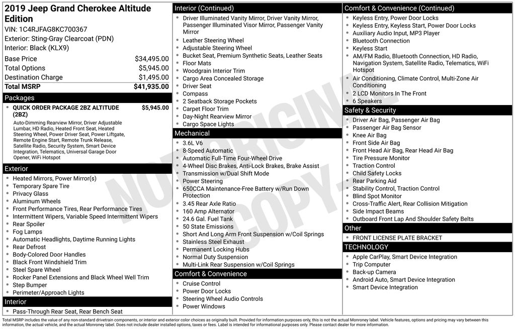 Used 2019 Jeep Grand Cherokee Altitude with VIN 1C4RJFAG8KC700367 for sale in Mitchell, SD