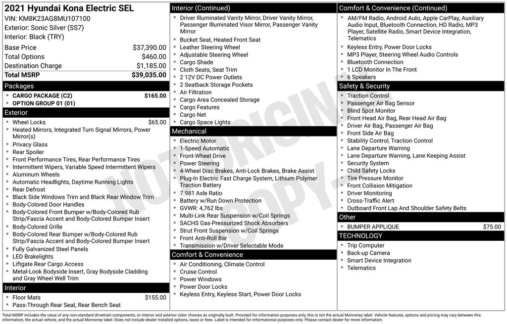 Used 2021 Hyundai Kona EV SEL with VIN KM8K23AG8MU107100 for sale in Highland Park, IL