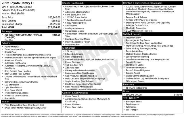 Used 2022 Toyota Camry LE with VIN 4T1C11AKXNU678363 for sale in Grove City, OH