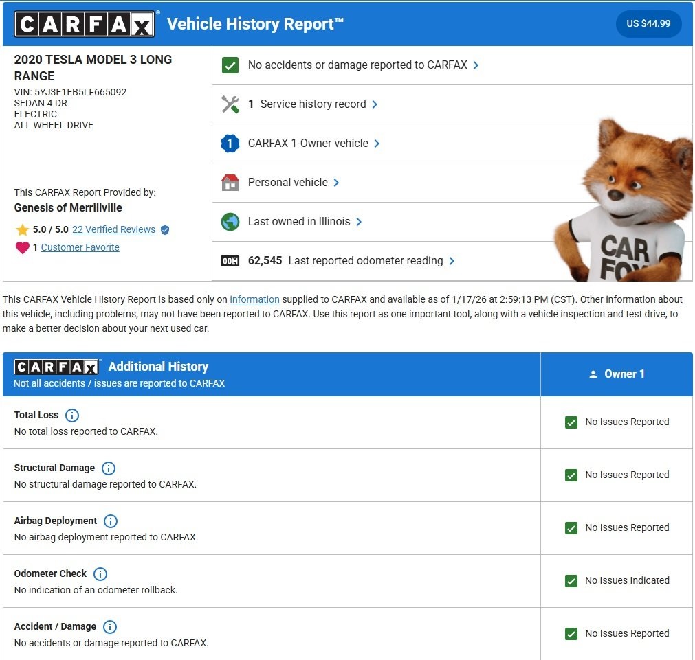 Used 2020 Tesla Model 3 Base with VIN 5YJ3E1EB5LF665092 for sale in Merrillville, IN