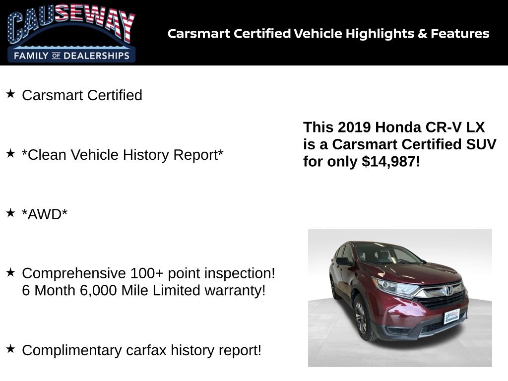 Certified 2019 Honda CR-V LX with VIN 2HKRW6H34KH210792 for sale in Stafford Township, NJ