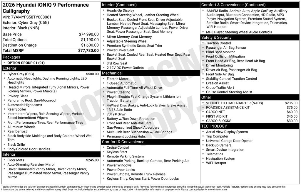 Certified 2026 Hyundai IONIQ 9 Performance Calligraphy with VIN 7YAMYFS58TY008061 for sale in Highland Park, IL