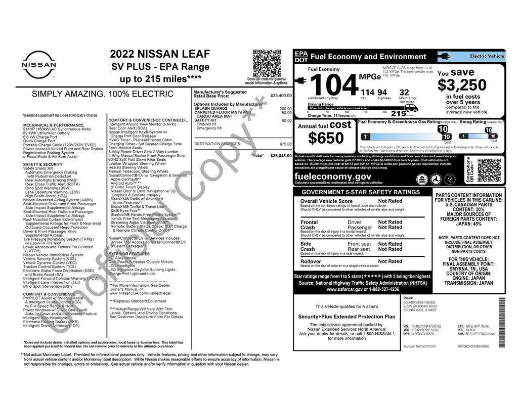 Used 2022 Nissan LEAF SV Plus with VIN 1N4BZ1CV8NC550182 for sale in Highland Park, IL