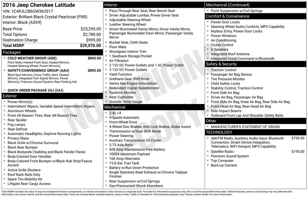 Used 2016 Jeep Cherokee Latitude with VIN 1C4PJLCB6GW363517 for sale in Highland Park, IL