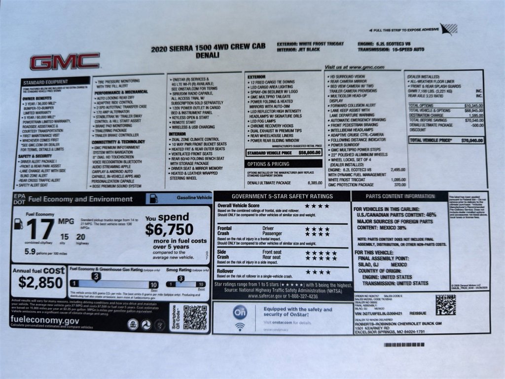 Used 2020 GMC Sierra 1500 Denali Denali with VIN 3GTU9FEL8LG356421 for sale in Kansas City