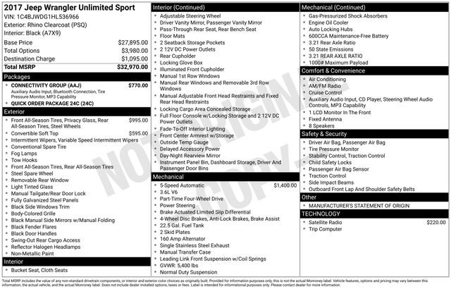 Used 2017 Jeep Wrangler Unlimited Sport with VIN 1C4BJWDG1HL536966 for sale in Grove City, OH