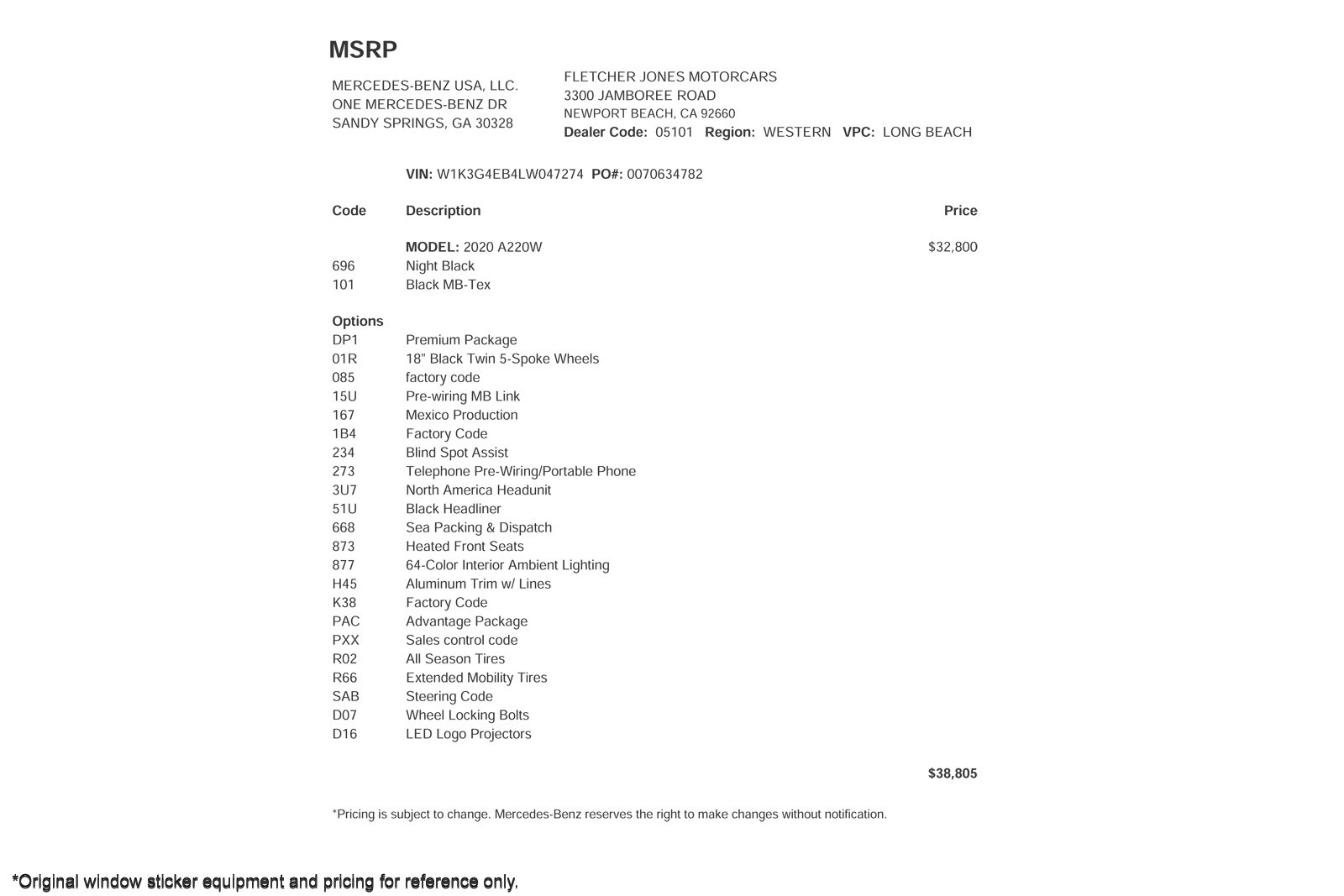 Used 2020 Mercedes-Benz A-Class A220 with VIN W1K3G4EB4LW047274 for sale in Newport Beach, CA