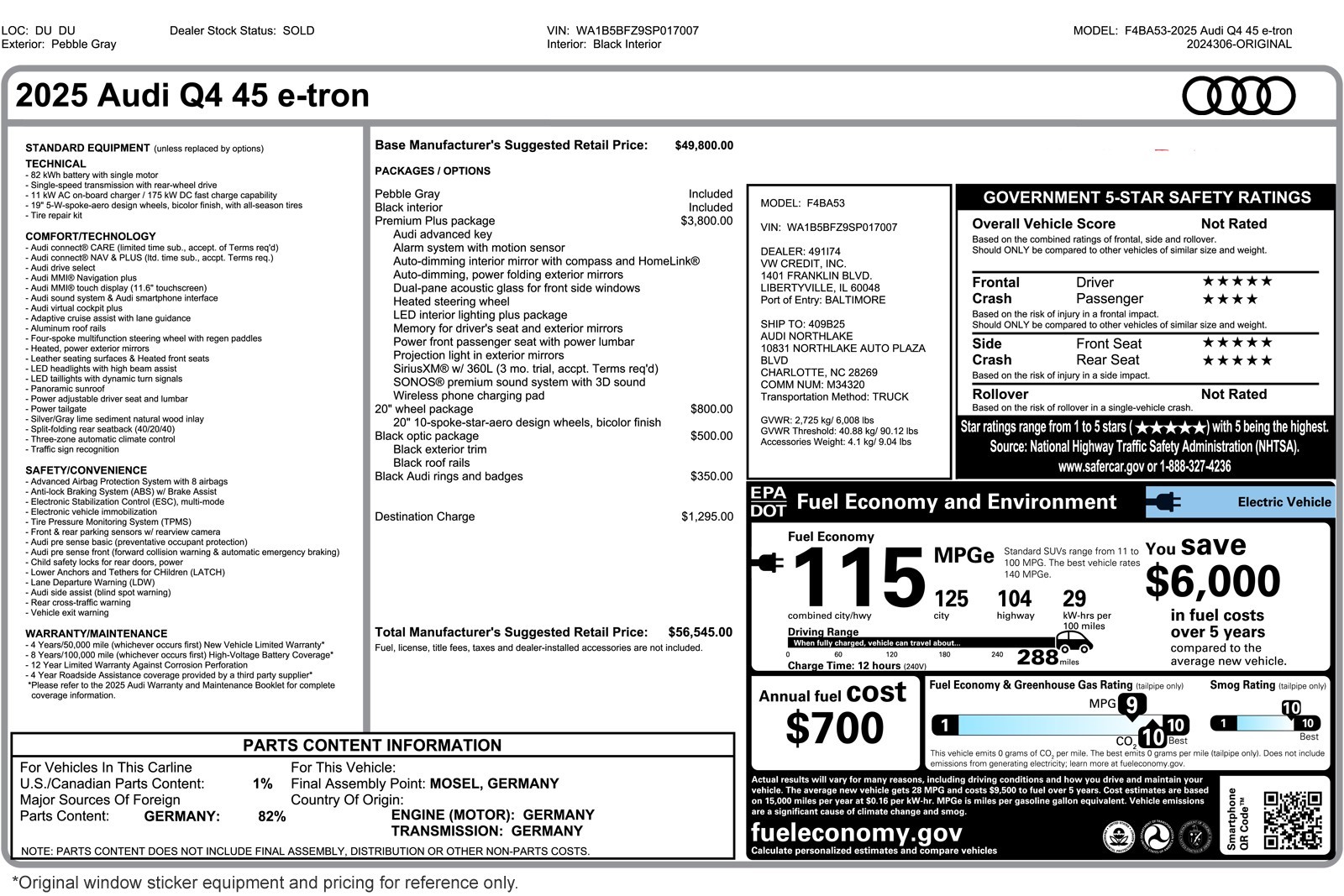 Used 2025 Audi Q4 e-tron Premium Plus with VIN WA1B5BFZ9SP017007 for sale in Costa Mesa, CA