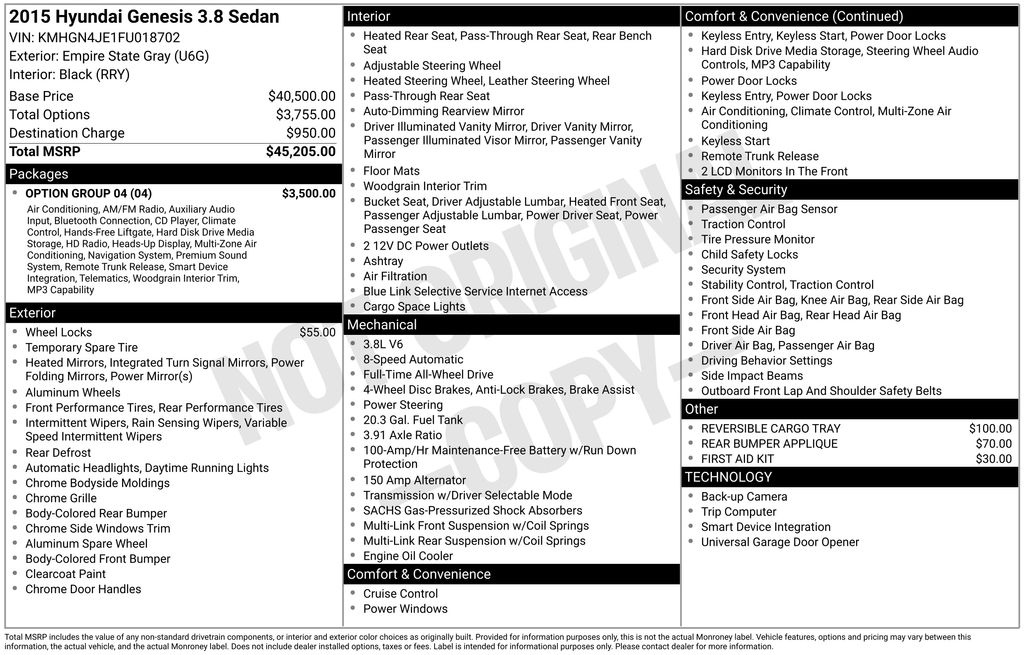 Used 2015 Hyundai Genesis Base with VIN KMHGN4JE1FU018702 for sale in Highland Park, IL