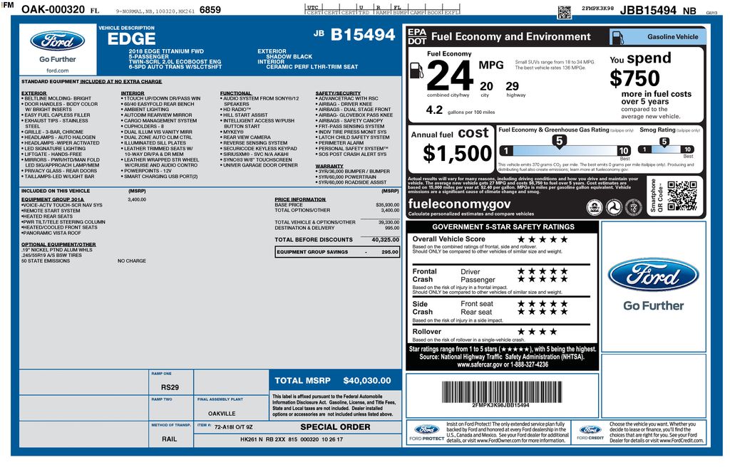 Used 2018 Ford Edge Titanium with VIN 2FMPK3K98JBB15494 for sale in New Smyrna Beach, FL