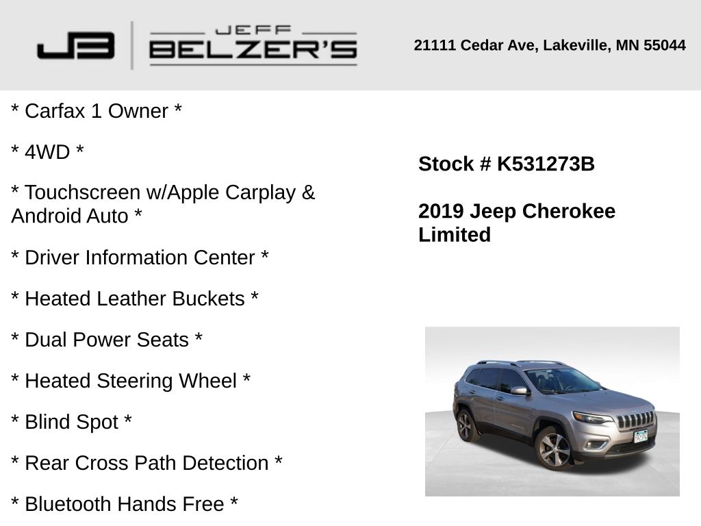 Used 2019 Jeep Cherokee Limited with VIN 1C4PJMDX5KD448689 for sale in Lakeville, MN