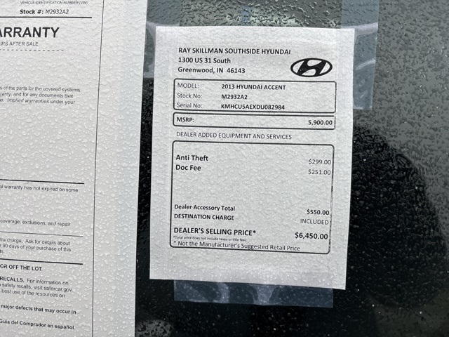 Used 2013 Hyundai Accent SE with VIN KMHCU5AEXDU082984 for sale in Greenwood, IN