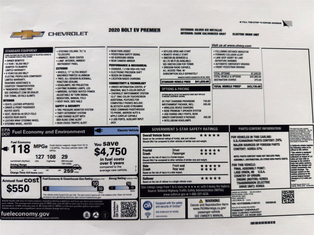 Used 2020 Chevrolet Bolt EV Premier with VIN 1G1FZ6S08L4135121 for sale in Kansas City