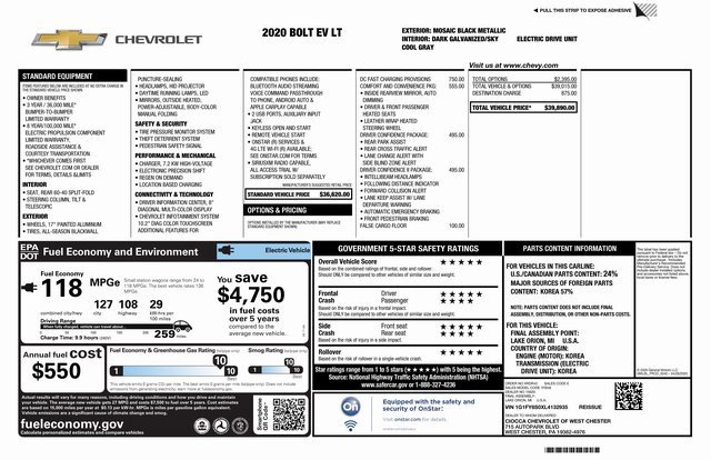 Used 2020 Chevrolet Bolt EV LT with VIN 1G1FY6S0XL4132935 for sale in Marion, OH
