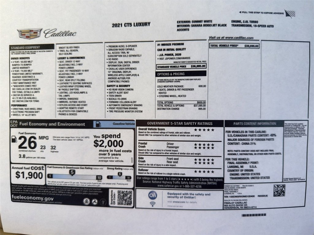 Used 2021 Cadillac CT5 Luxury with VIN 1G6DM5RK0M0120400 for sale in Kansas City