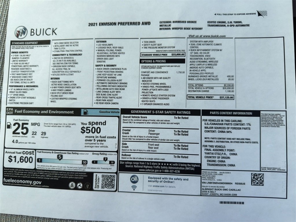 Used 2021 Buick Envision Preferred with VIN LRBFZMR4XMD098934 for sale in Kansas City