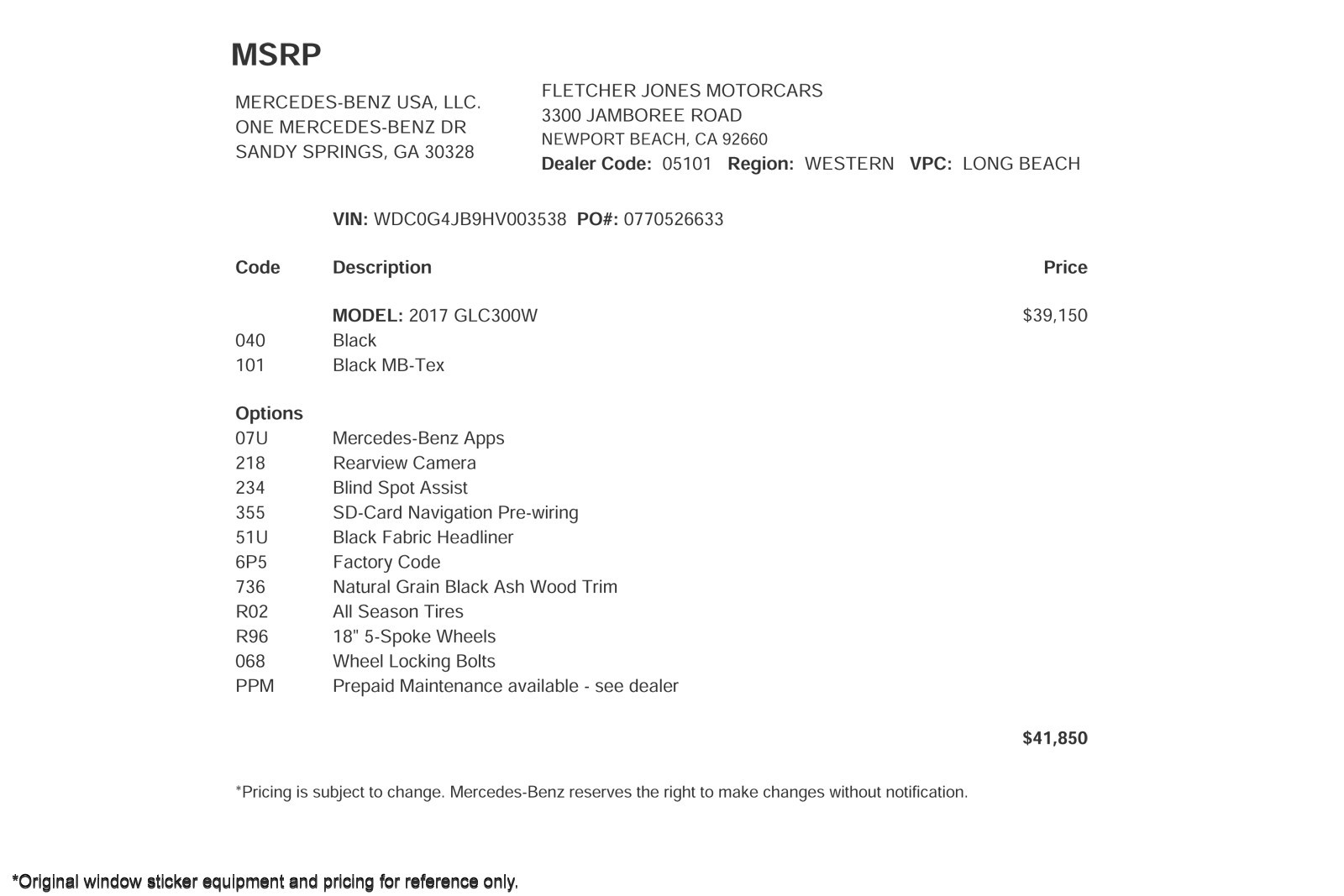 Used 2017 Mercedes-Benz GLC GLC300 with VIN WDC0G4JB9HV003538 for sale in Newport Beach, CA