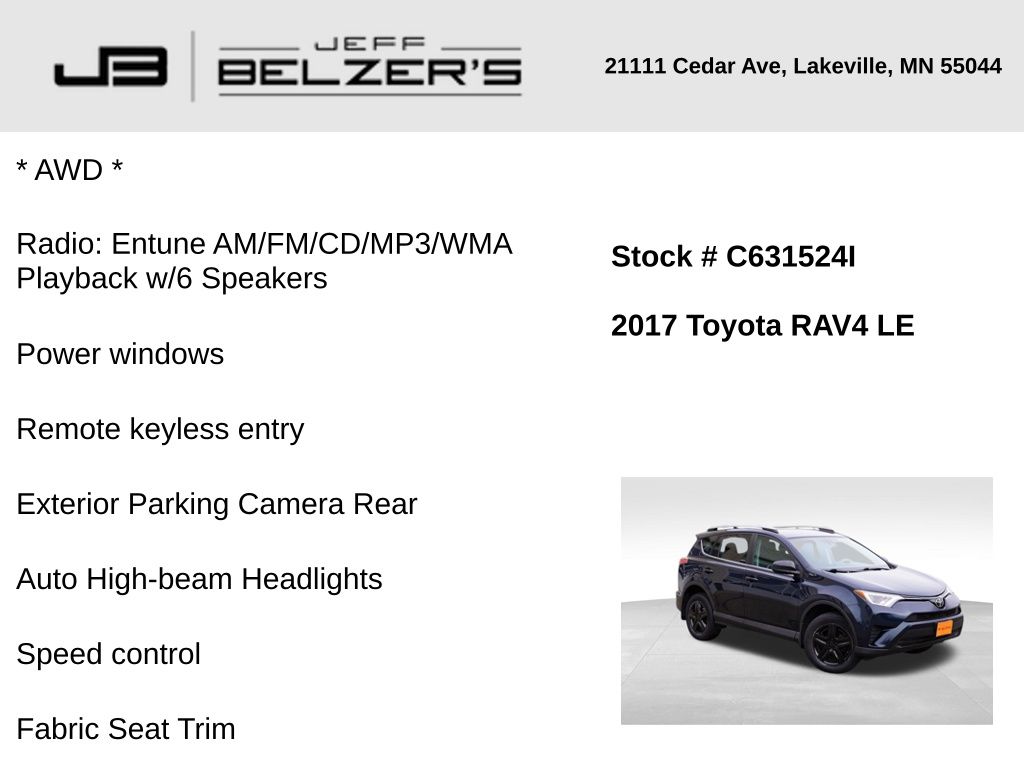 Used 2017 Toyota RAV4 LE with VIN 2T3BFREV8HW620036 for sale in Lakeville, MN