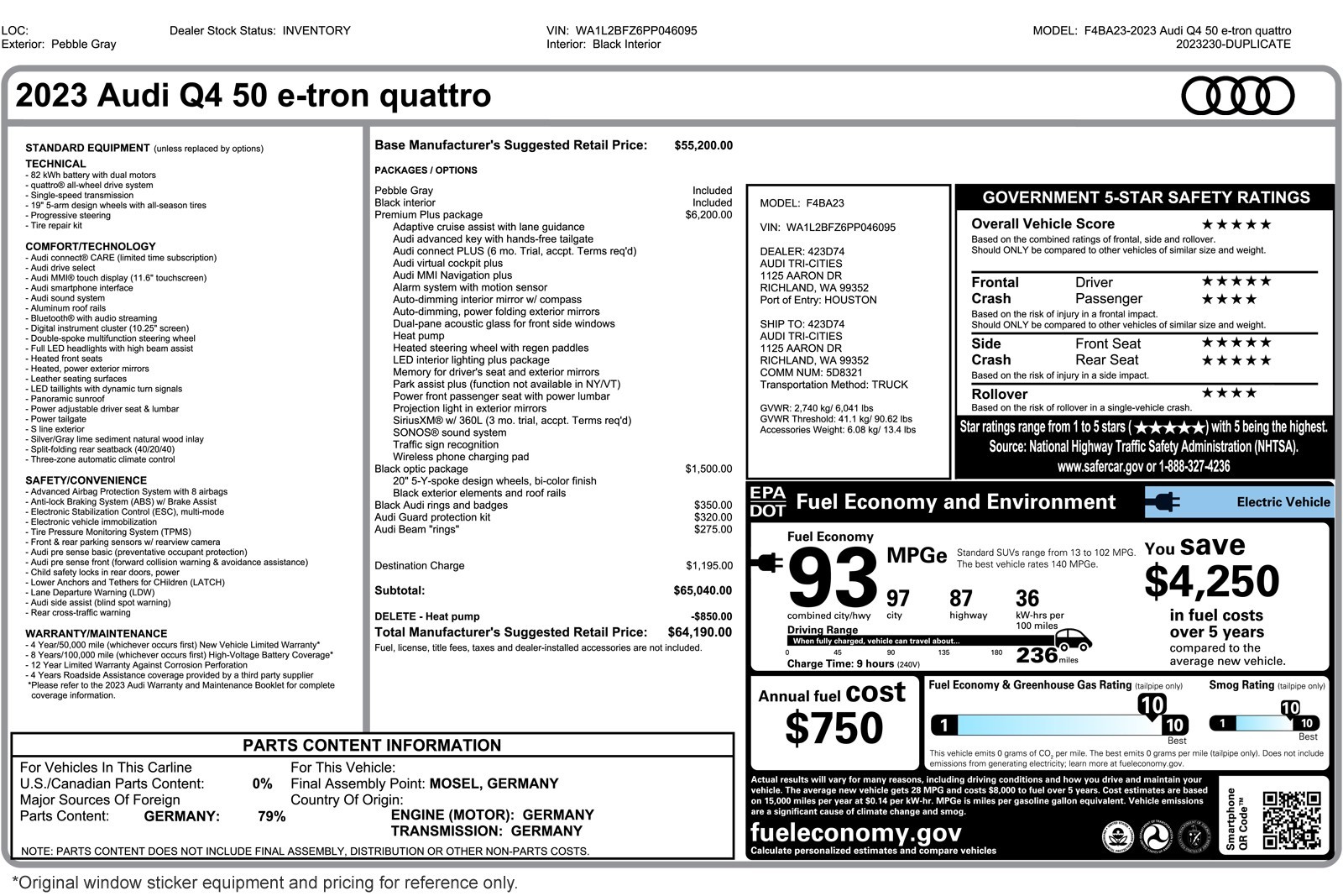 Used 2023 Audi Q4 e-tron Premium Plus with VIN WA1L2BFZ6PP046095 for sale in Costa Mesa, CA