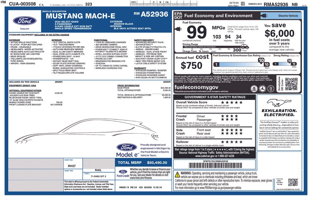 Certified 2024 Ford Mustang Mach-E Select AWD with VIN 3FMTK1SU3RMA52936 for sale in Carlsbad, CA