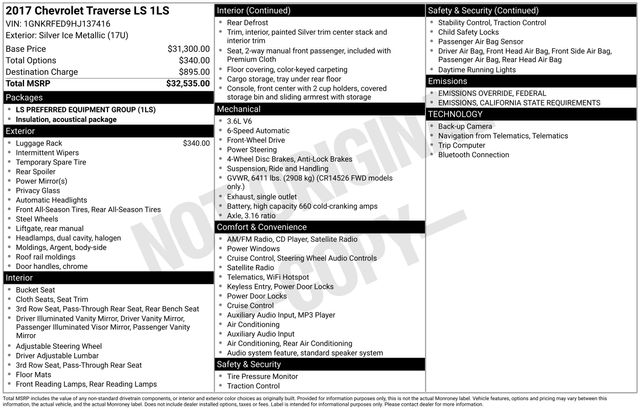 Used 2017 Chevrolet Traverse LS with VIN 1GNKRFED9HJ137416 for sale in Oakland, CA