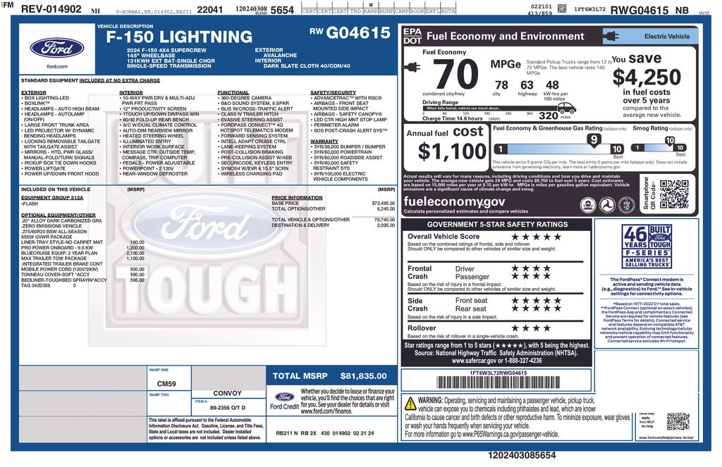 Used 2024 Ford F-150 Lightning Flash with VIN 1FT6W3L72RWG04615 for sale in Buena Park, CA