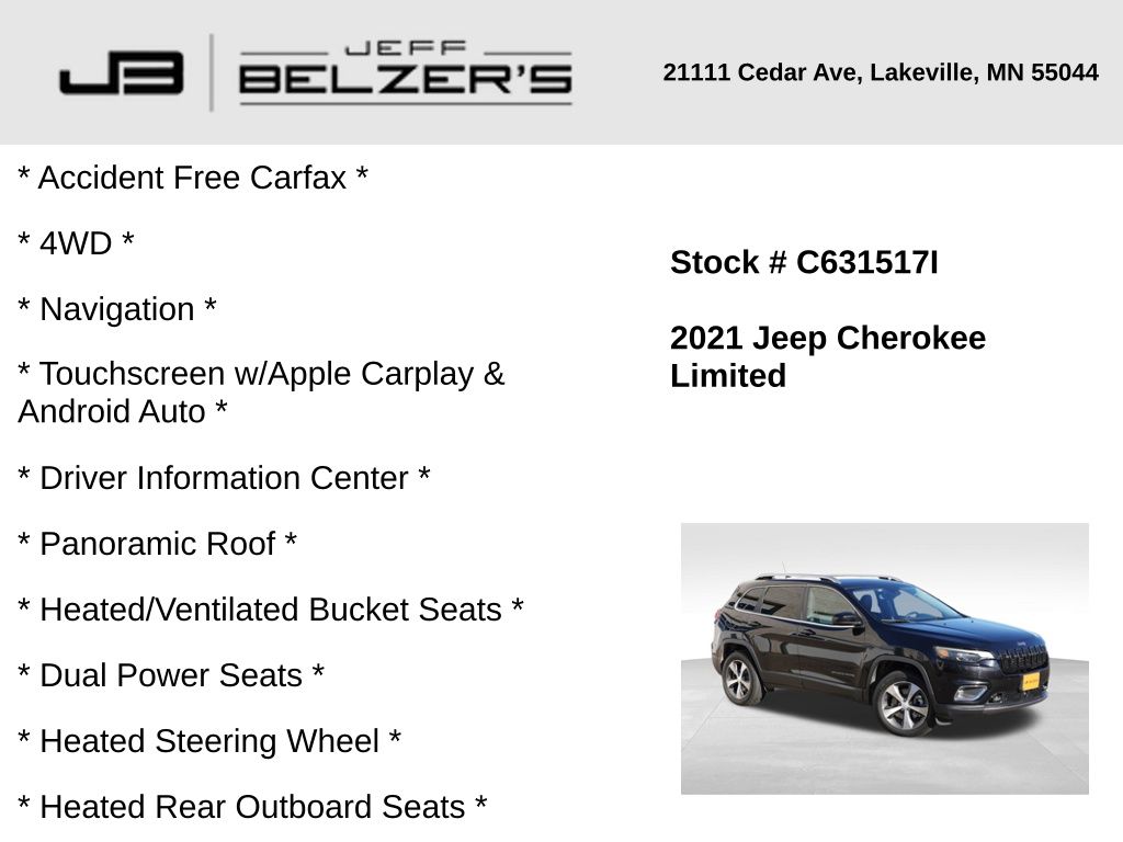 Used 2021 Jeep Cherokee Limited with VIN 1C4PJMDN8MD148954 for sale in Lakeville, MN