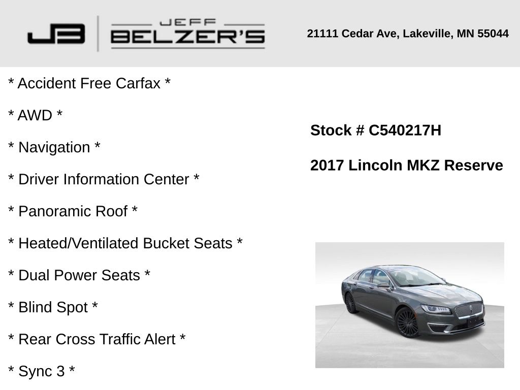 Used 2017 Lincoln MKZ Reserve with VIN 3LN6L5FC6HR657781 for sale in Lakeville, MN