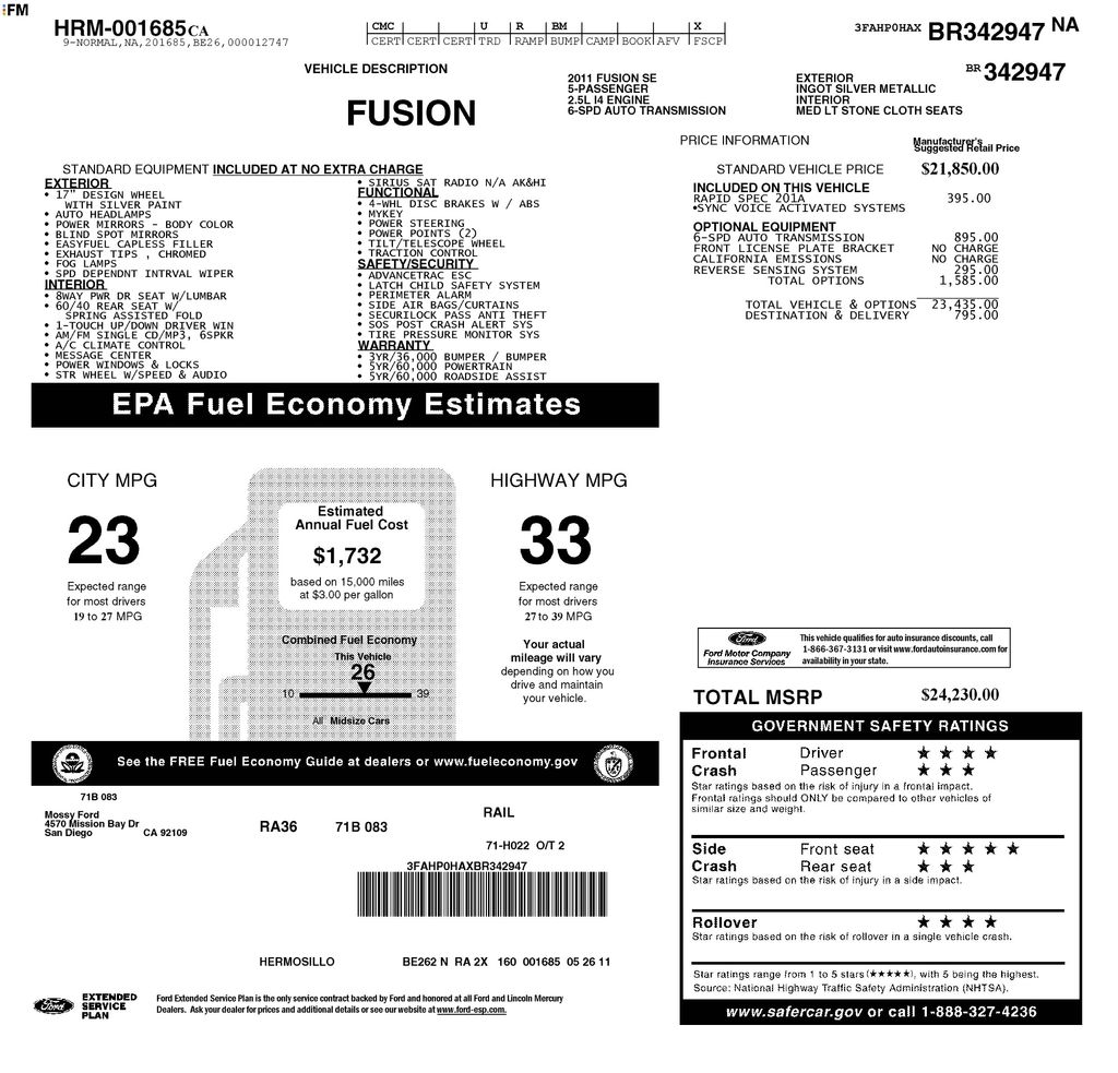 Used 2011 Ford Fusion SE with VIN 3FAHP0HAXBR342947 for sale in Buena Park, CA